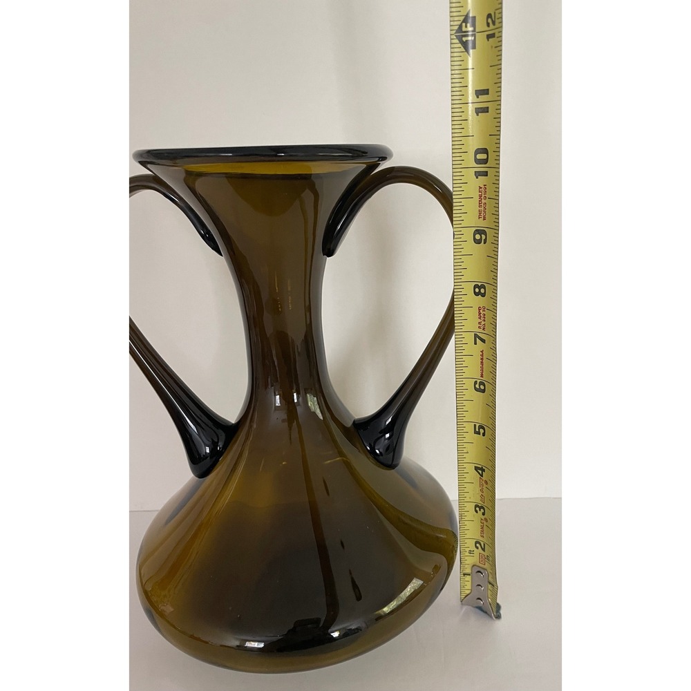 Vtg Mid Century Modern Empoli Glass Double Handle Hand Blown Olive Brown 10.5"" - Picture 14 of 14